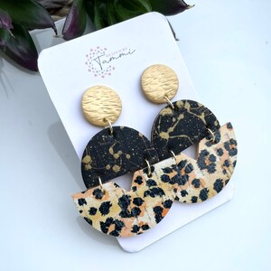 Leopard and black splattered cork leather geometric earrings