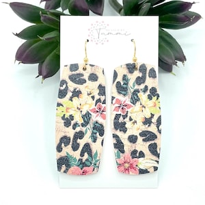 Leopard Floral Cork Earrings, Leather Bar Earrings, Leopard Bar Dangle Earrings, Leather Leopard Earrings, Leopard Floral Bar Earrings