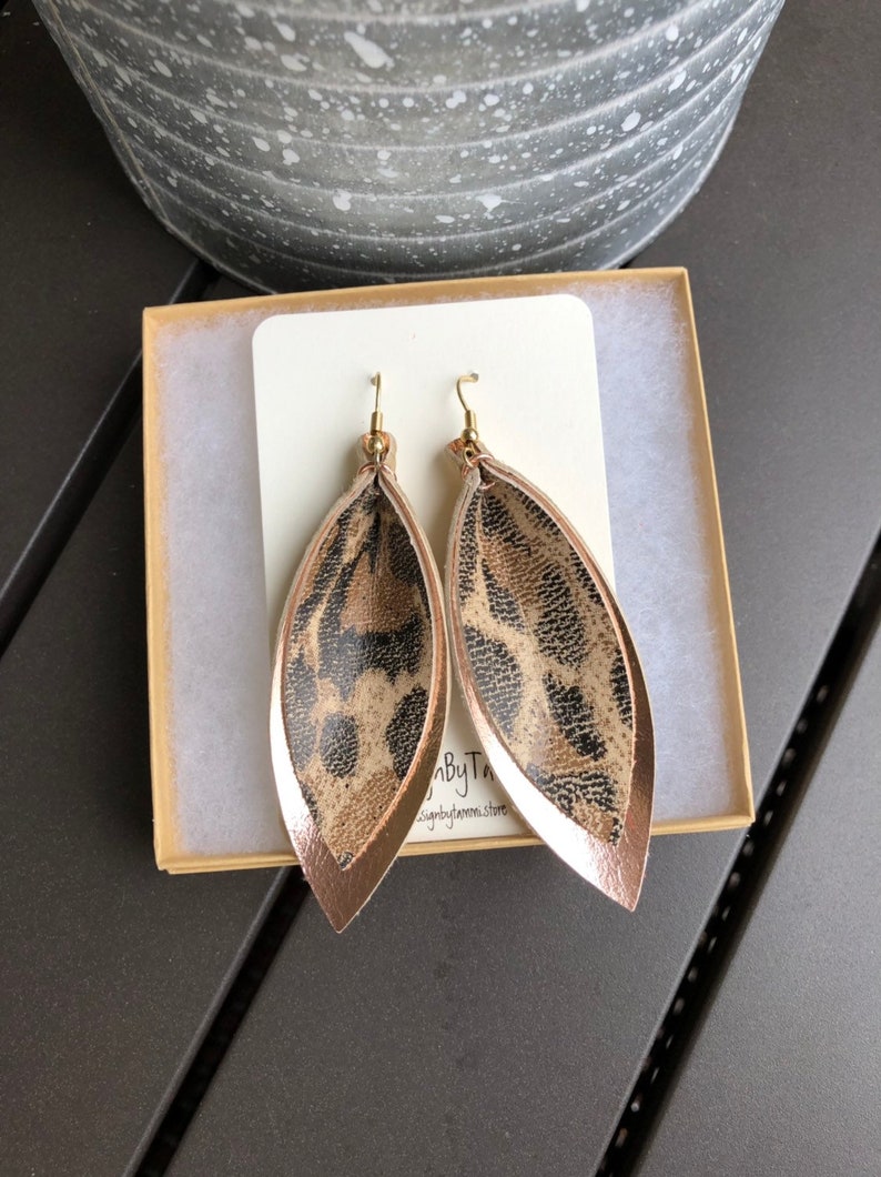 Double layer pinch leaf leather earrings in rose gold metallic Etsy
