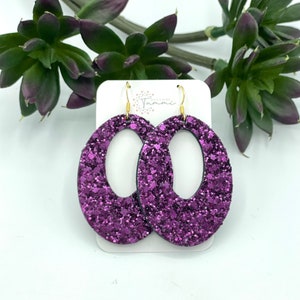 Purple plum glitter oval earrings