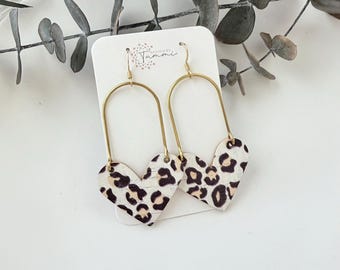Leopard Heart Dangle Earrings Gold Arch Hoop Animal Print Statement Earrings