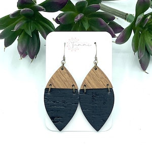 Black cork leather and wood hinged leaf earrings
