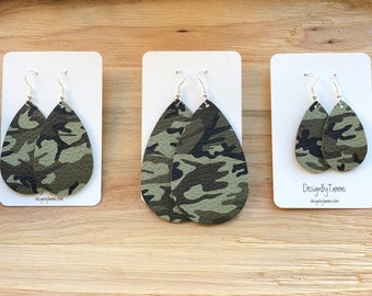 Green Camo leather teardrop earrings