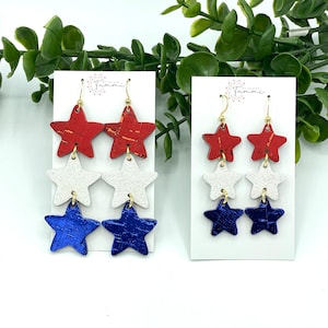 Red white and blue cork leather star earrings
