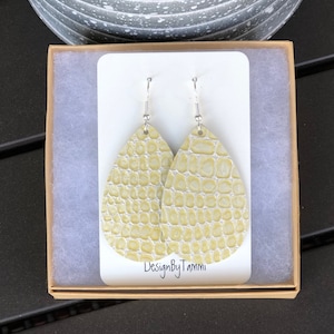 Pale yellow/cream reptile print leather teardrop earrings