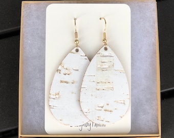 White birch cork leather teardrop earrings