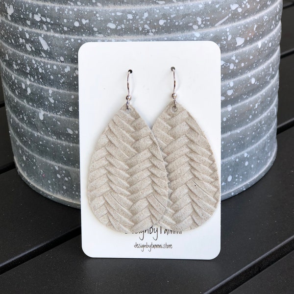 Cream/stone  braided/knit Itailian leather teardrop earrings