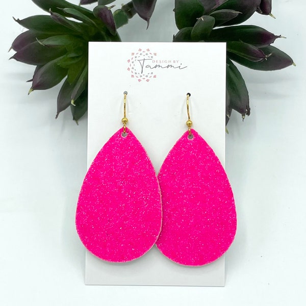 Hot Pink glitter leather teardrop earrings