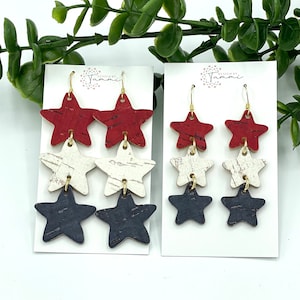 Red White and Blue Star Cork Earrings: July 4th Patriotic Jewelry