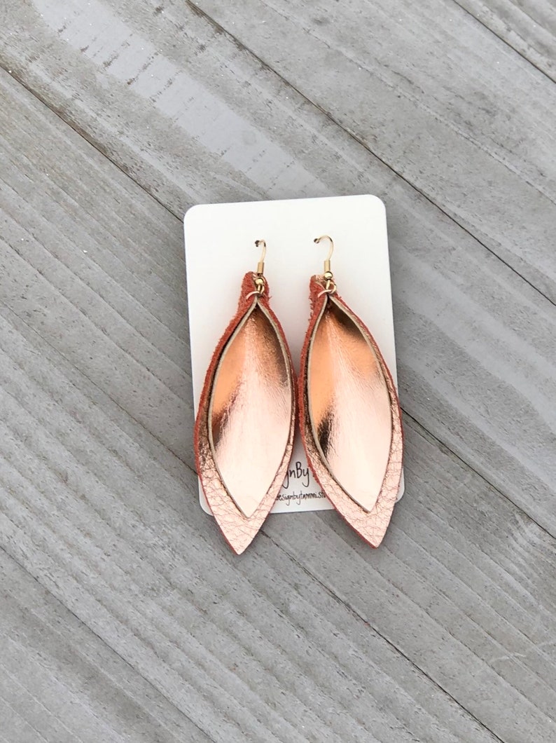 Double layer pinch leaf leather earrings in rose gold metallic Etsy