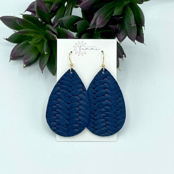 Navy blue braided/knit Italian leather teardrop earrings