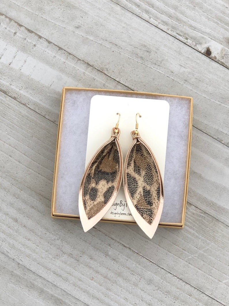 Double layer pinch leaf leather earrings in rose gold metallic Etsy