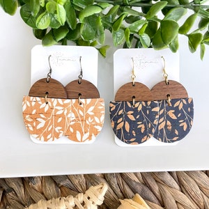 NEW colors added! Mustard brown, navy or tan willow cork leather and wood semicircle earrings