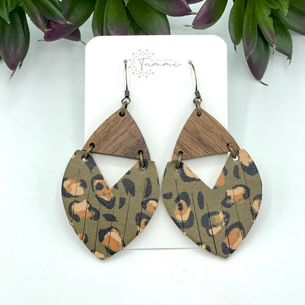 Brown/dark olive leopard/cheetah leather. Now available in tan! Heart swoop and wood earrings