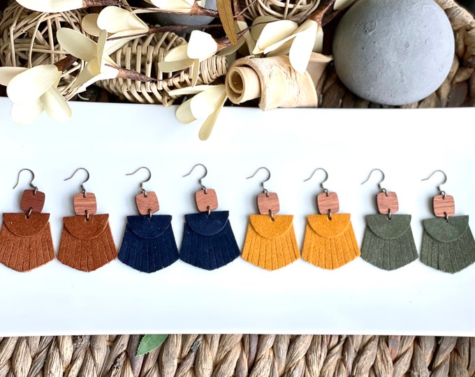 Suede leather fringe and wood earrings. Navy, mustard, rust brown, green and maroon