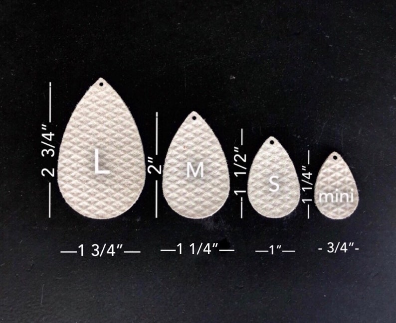 May include: Four leather teardrop shapes in different sizes, labeled "L", "M", "S", and "mini". The shapes are 2 3/4 inches, 2 inches, 1 1/2 inches, and 1 1/4 inches in length.