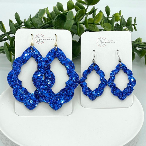 Blue Glitter Earrings, Royal Blue Sparkle Scallop Earrings, Glitter Dangle Earrings, Chunky Glitter Scallop Leather Royal Blue Earrings