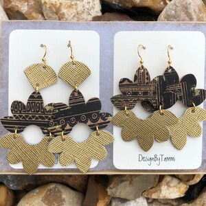 NEW DESIGN!! Gold Saffiano leather and cork leather hinged flower earrings