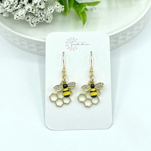 Honeycomb Bee Dangle Earrings: Gold Plated, Rhinestone Wings