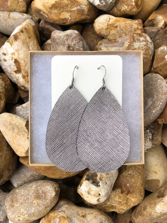 Metallic gun metal Saffiano leather teardrop earrings