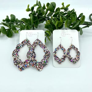 Jewel tone chunky glitter scallop leather earrings