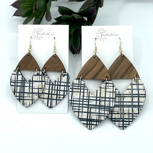 NEW! Black and white cork with a wood triangle, heart fringe earrings