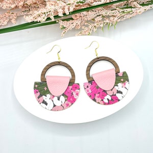 Pink floral cork leather and wood fan hoop earrings