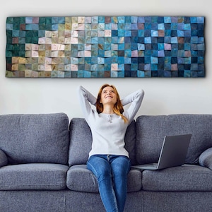 Handmade Oversized Ocean Blue Wood Wall Art For Living Room, Coastal Modern Wall Decor