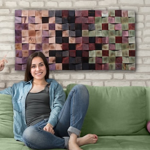 Handmade Wood Mosaic Wall Art Geometric Wooden Panel, Modern Home Decor