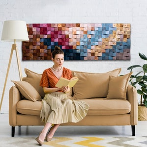 Handmade Abstract Sunrise 3D Wood Mosaic Wall Art For Living Room, Modern Coastal Decor