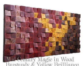 Mid Century Modern Wood Wall Sculpture in Burgundy and Yellow