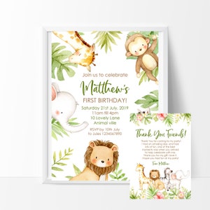 Jungle Animals Birthday Invitation, Thank you Note,  Welcome Sign, Guest Book Sign,  Edit and Print your Own
