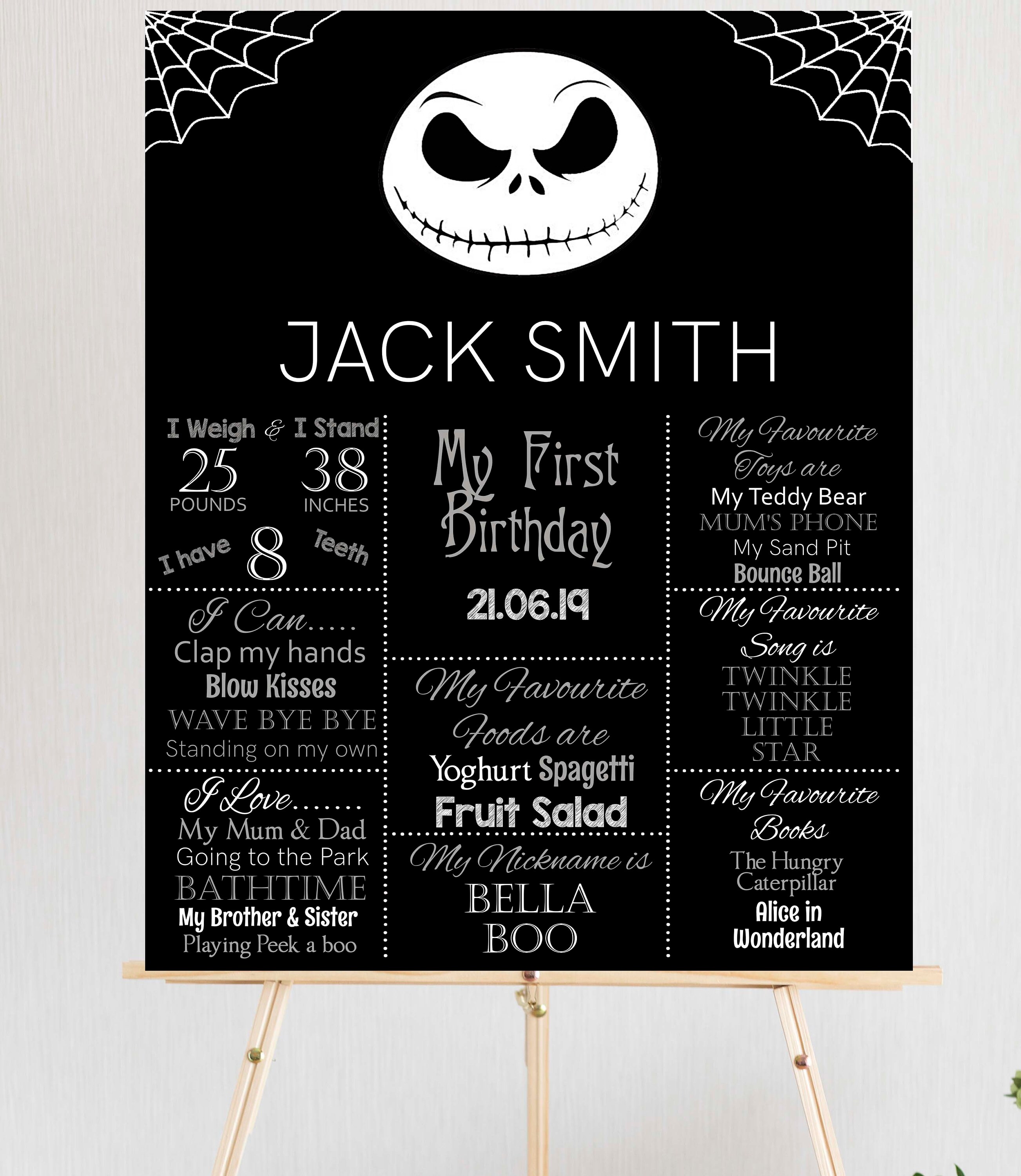 Nightmare Before Christmas Verjaardagsbord, 1e verjaardag, Jack Shellington, bewerk en print je eigen schoolbord