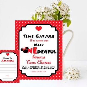 Minnie Mouse Time Capsule-bord en -kaarten, 1e verjaardag, 8 x 10 afdrukken, 4 x 6 of 5 x 7 berichtkaarten Bewerk en print je eigen aandenken