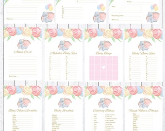 Olifant babyshowerbundel, spelletjes, uitnodiging, bedankbriefje en tafeldecoratieborden. VERKOOP!!!