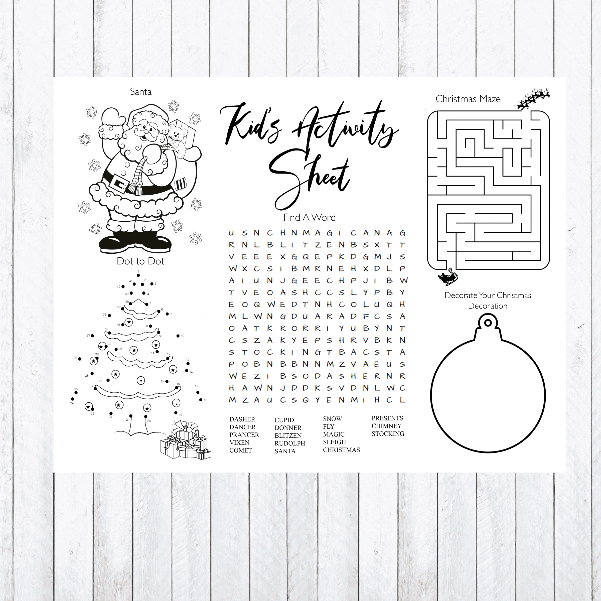 christmas activity sheet, santa, find a word, maze instant