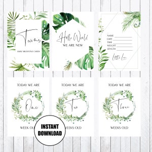 Cartões Twin Baby Milestone, cartões 4x6, vegetação, folhas, download instantâneo