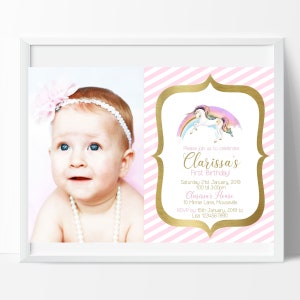 Unicorn Birthday Invitation Note.  1st Birthday Invitation,  Edit and Print your own Invitation. Sale!!!