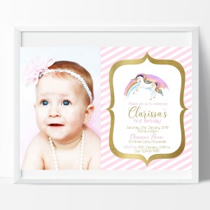 Unicorn Birthday Invitation Note. 1st Birthday Invitation, Edit and Print your own Invitation. Sale image 1