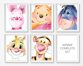 May include: A set of six printable Winnie the Pooh character illustrations. The illustrations feature Winnie the Pooh, Piglet, Eeyore, Tigger, and Rabbit. The illustrations are in a watercolor style and are perfect for a nursery or child's room.