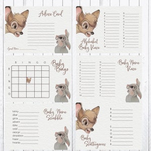 Bambi Baby Shower Games, Il prezzo è giusto, Previsione degli ospiti, carte consigli, carte libro, Lotteria pannolino 27 giochi Download istantaneo