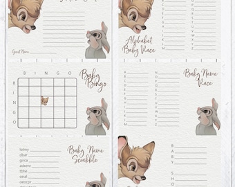 May include: Set of baby shower game cards featuring illustrations of Bambi and Thumper. Games include Advice Card, Alphabet Baby Race, Baby Bingo, Baby Name Race, Baby Name Scrabble, and Baby Scattergories. The cards have a soft, neutral color palette.