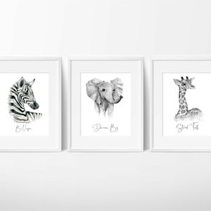 Stampa della cameretta degli animali da safari, zebra, elefante, giraffa, cornici non incluse.
