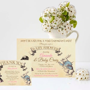Alice in Wonderland Baby Shower Invitation and Thank you Note, Edit and Print your own.