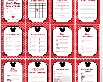 May include: A set of ten printable baby shower game cards featuring a Mickey Mouse theme. The cards are red with white polka dots and black Mickey Mouse ears. The games include Baby Bingo, Baby Alphabet Race, Baby Name Race, Baby Name Scrabble, Baby Scattergories, Baby Scrabble, Find Your Guest, and Finish Mommy's Phrase.