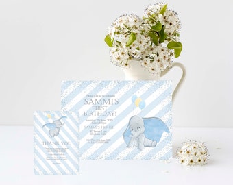 Elephant Birthday Invitation and Thank you Note, 1st Birthday, Edit and Print your own.