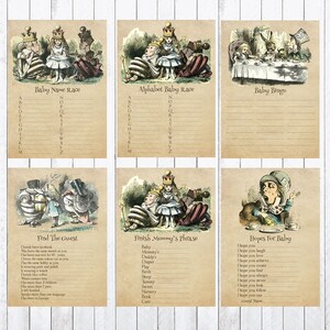May include: A set of printable baby shower game cards featuring illustrations from Alice in Wonderland. The cards include games like Baby Name Race, Alphabet Baby Race, Baby Bingo, Find the Guest, Finish Mommy's Phrase, and Hopes for Baby.