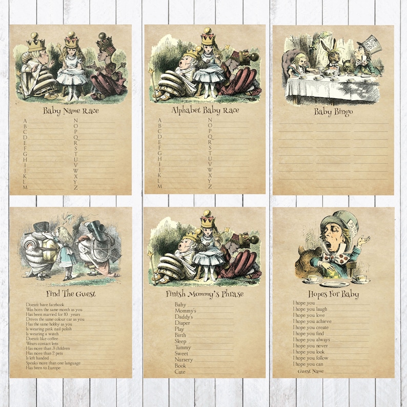 May include: A set of printable baby shower game cards featuring illustrations from Alice in Wonderland. The cards include games like Baby Name Race, Alphabet Baby Race, Baby Bingo, Find the Guest, Finish Mommy's Phrase, and Hopes for Baby.