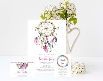 Dreamcatcher  Baby Shower Invitation, Thank you note, Book Card, Dreamcatchers & Feathers  Edit and Print your Own