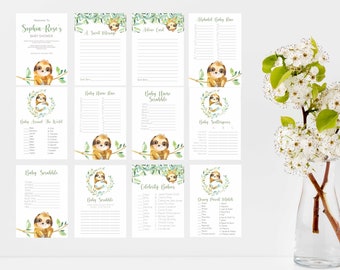May include: A set of printable baby shower game cards featuring a sloth illustration. The cards include games like "Baby Name Race", "Baby Name Scrabble", "Alphabet Baby Race", "Baby Around the World", "Baby Guessing Game", "Celebrity Babies", and "Guessing the Price of Baby Items".